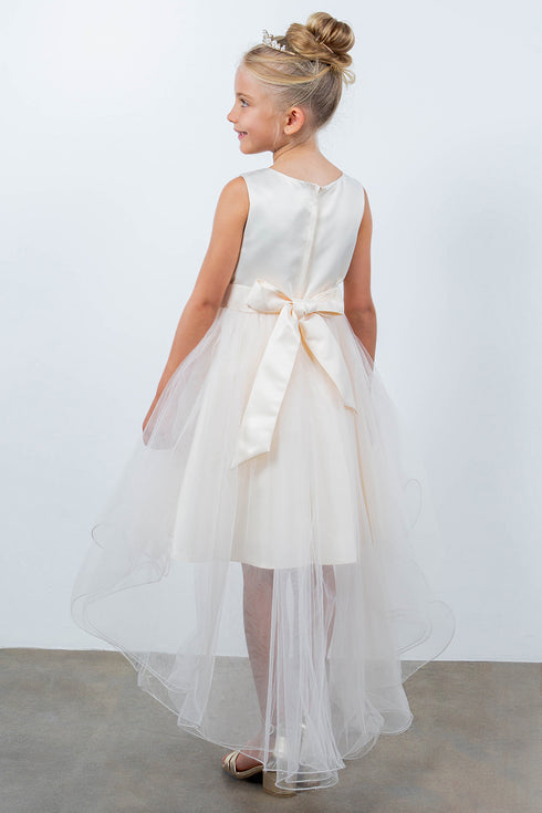 Girls Rhinestone Pearl Wired Tulle Hi-Low Flower Girl Dress 2-12