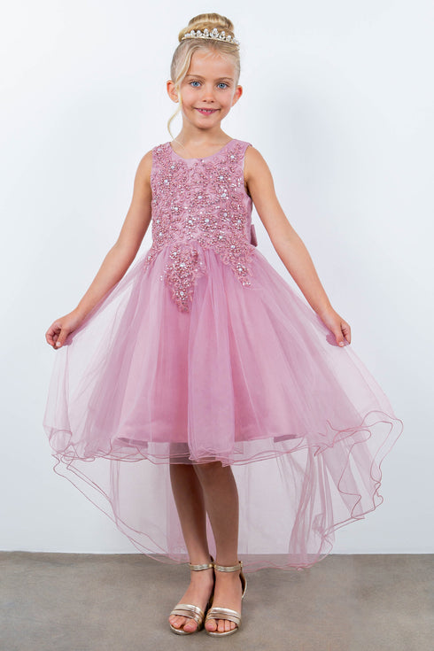 Girls Rhinestone Pearl Wired Tulle Hi-Low Flower Girl Dress 2-12