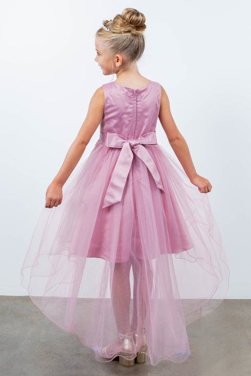 Girls Rhinestone Pearl Wired Tulle Hi-Low Flower Girl Dress 2-12