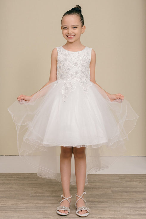 Girls Rhinestone Pearl Wired Tulle Hi-Low Flower Girl Dress 2-12