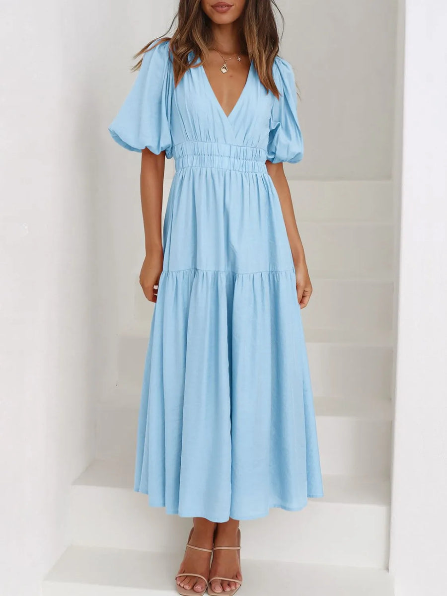 v neck puff sleeve dress V-Neck Puff Sleeve Midi Dress Women's Dresses at Sophia's Style Fuchsia Pink / L