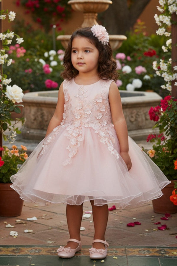 Baby Girls Multi Color Pearl Beaded 3D Floral Applique Flower Girl Dress 3-24M