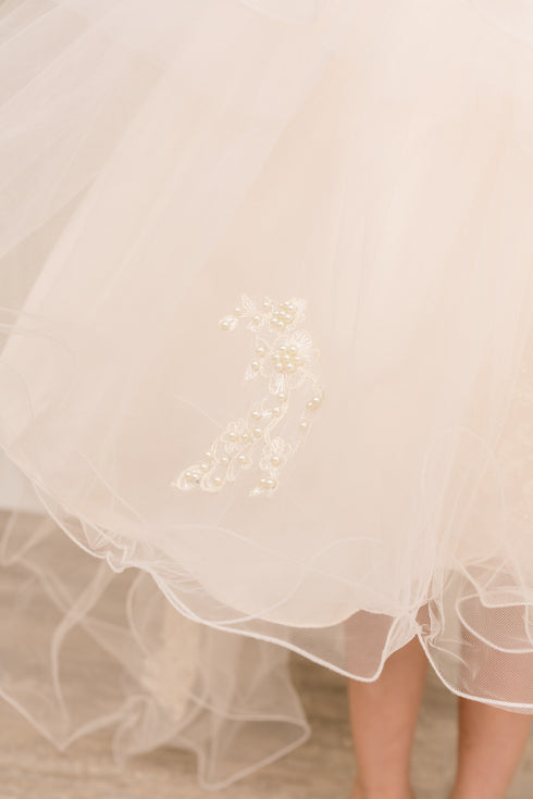 Girls Rhinestone Pearl Wired Tulle Hi-Low Flower Girl Dress 2-12