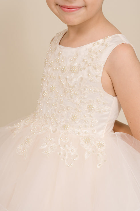 Girls Rhinestone Pearl Wired Tulle Hi-Low Flower Girl Dress 2-12