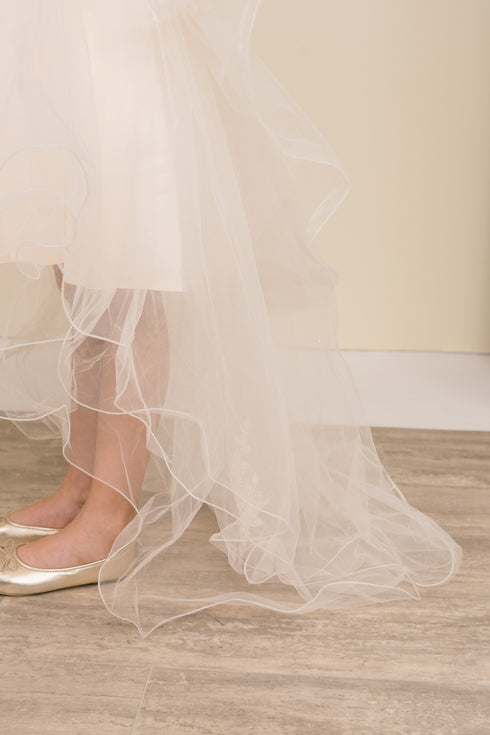 Girls Rhinestone Pearl Wired Tulle Hi-Low Flower Girl Dress 2-12