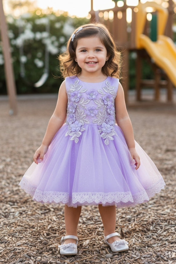 Baby Girls Lilac 3D Floral Lace Hem Flower Girl Dress 6-24M