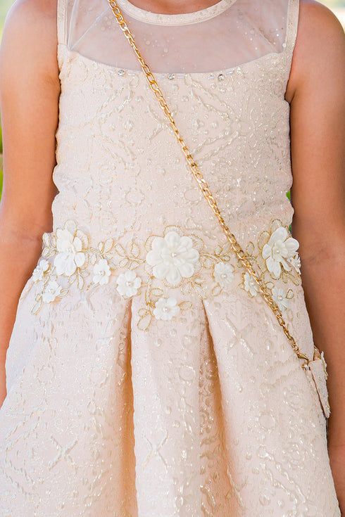 Girls Lala & Erina Champagne Jacquard High-Low Shoulder Bag 2Pc Dress Outfit 2-12