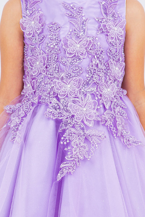 Girls Butterfly Lace Glitter Tulle Flower Girl Dress 2-12