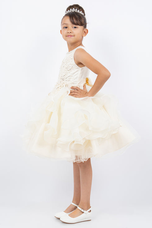Girls Sparkling Sequin Lace Top Over Laid Tulle Skirt Flower Girl Dress 2-12
