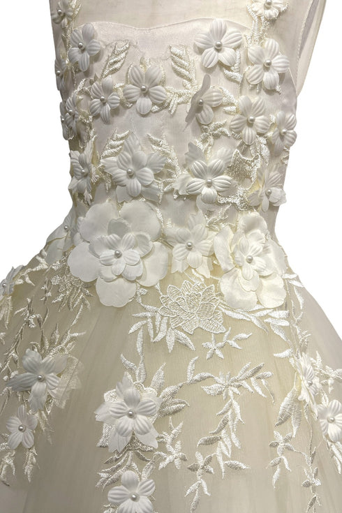 Girls Illusion Tulle Top 3D Flower Sheer Sleeve Flower Girl Dress 2-12