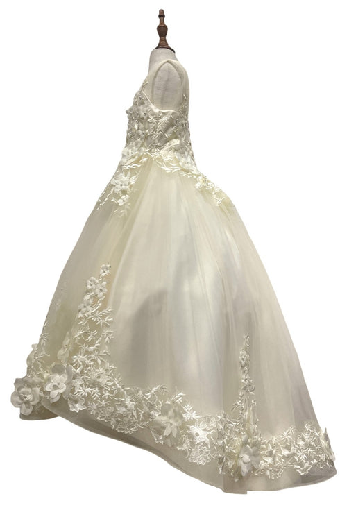 Girls Illusion Tulle Top 3D Flower Sheer Sleeve Flower Girl Dress 2-12