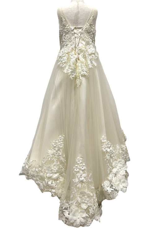 Girls Illusion Tulle Top 3D Flower Sheer Sleeve Flower Girl Dress 2-12