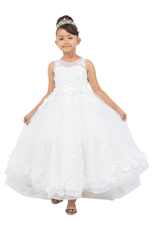 Girls Illusion Tulle Top 3D Flower Sheer Sleeve Flower Girl Dress 2-12