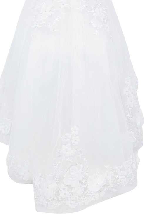 Girls Illusion Tulle Top 3D Flower Sheer Sleeve Flower Girl Dress 2-12