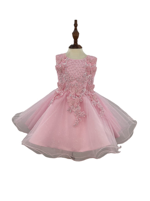 Pink Baby Girls Butterfly Pearl Sequin Tulle Flower Girl Dress, Sizes 3-18M