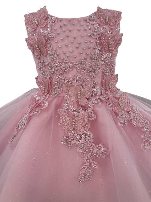 Pink Baby Girls Butterfly Pearl Sequin Tulle Flower Girl Dress, Sizes 3-18M