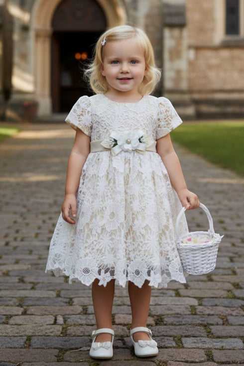 Baby Girls Waist Ribbon Flower Croche Lace Flower Girl Dress 3-24M