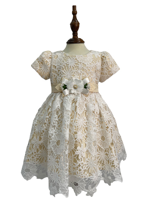 Baby Girls Waist Ribbon Flower Croche Lace Flower Girl Dress 3-24M