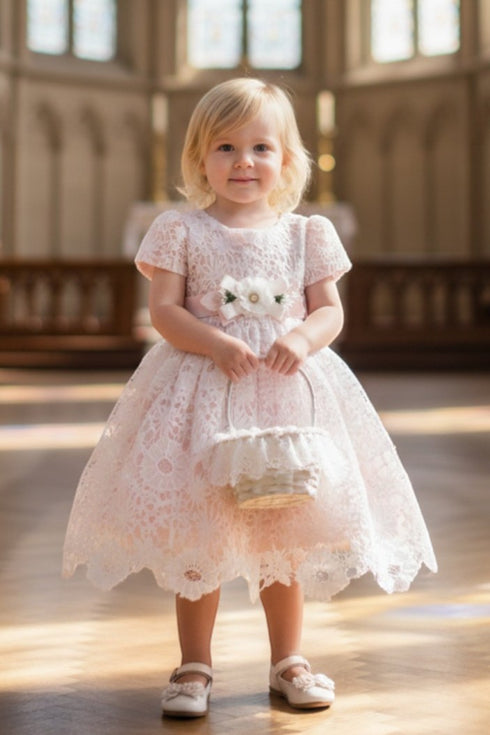 Baby Girls Waist Ribbon Flower Croche Lace Flower Girl Dress 3-24M