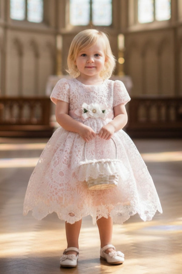 Baby Girls Waist Ribbon Flower Croche Lace Flower Girl Dress 3-24M