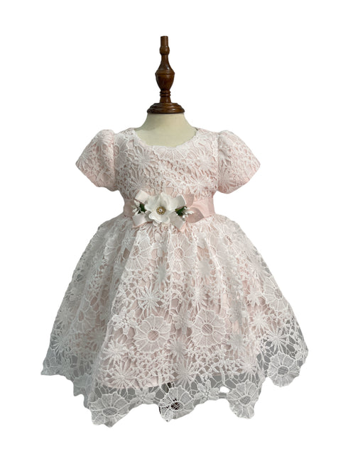 Baby Girls Waist Ribbon Flower Croche Lace Flower Girl Dress 3-24M