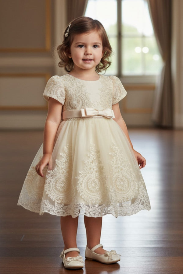 Baby Girls Sleeve Border Embroidery Elegant Tulle Flower Girl Dress 3-24M