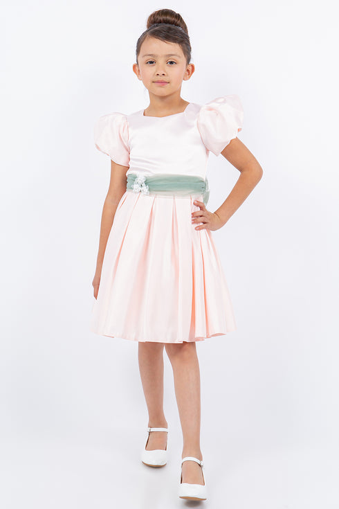 Girls Puff Sleeve Jewel Neck Organza Sash Flower Girl Dress 2-12