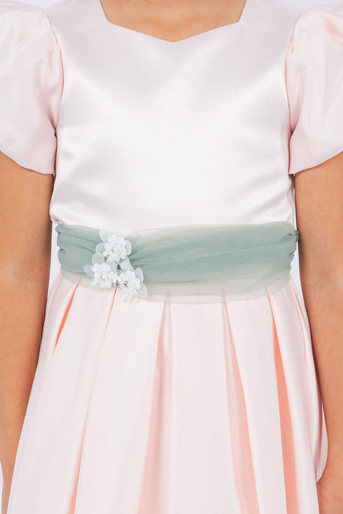 Girls Puff Sleeve Jewel Neck Organza Sash Flower Girl Dress 2-12