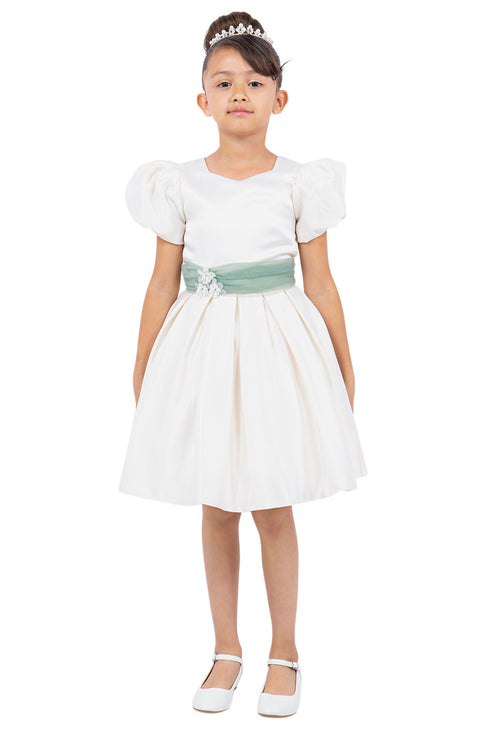 Girls Puff Sleeve Jewel Neck Organza Sash Flower Girl Dress 2-12
