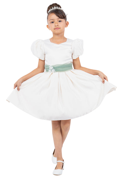 Girls Puff Sleeve Jewel Neck Organza Sash Flower Girl Dress 2-12