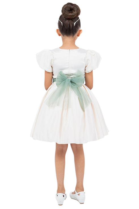 Girls Puff Sleeve Jewel Neck Organza Sash Flower Girl Dress 2-12