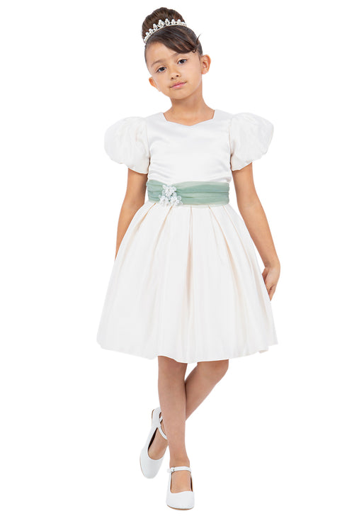 Girls Puff Sleeve Jewel Neck Organza Sash Flower Girl Dress 2-12