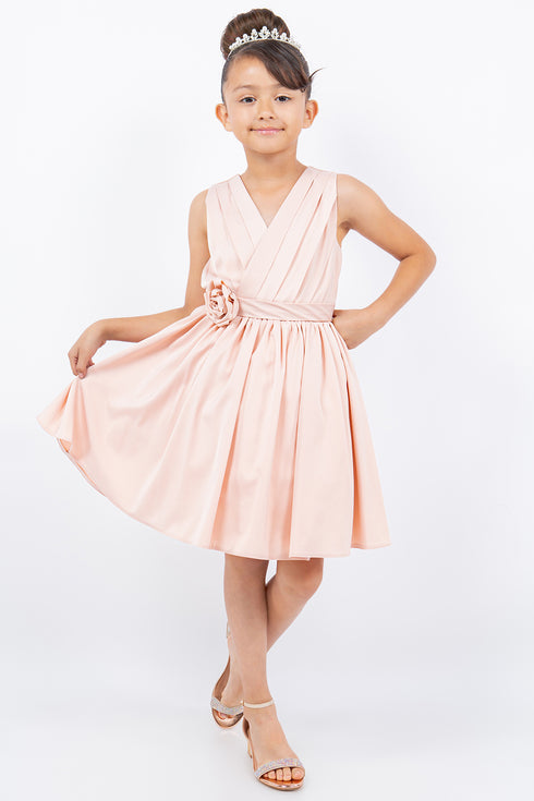 Girls V-Neck Pleated Flower Girl Dress with Rose Appliqué 2-12