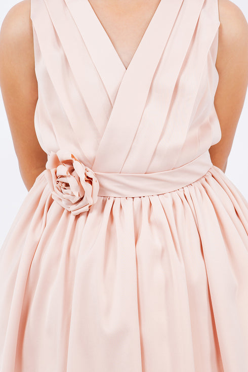 Girls V-Neck Pleated Flower Girl Dress with Rose Appliqué 2-12