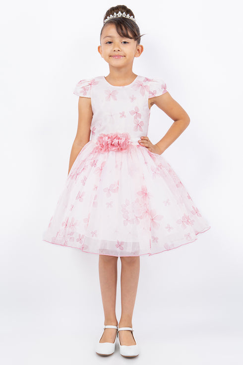 Girls Floral Puff Sleeve Dress with 3D Flower Waistband 2-12