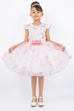 Girls Floral Puff Sleeve Dress with 3D Flower Waistband 2-12