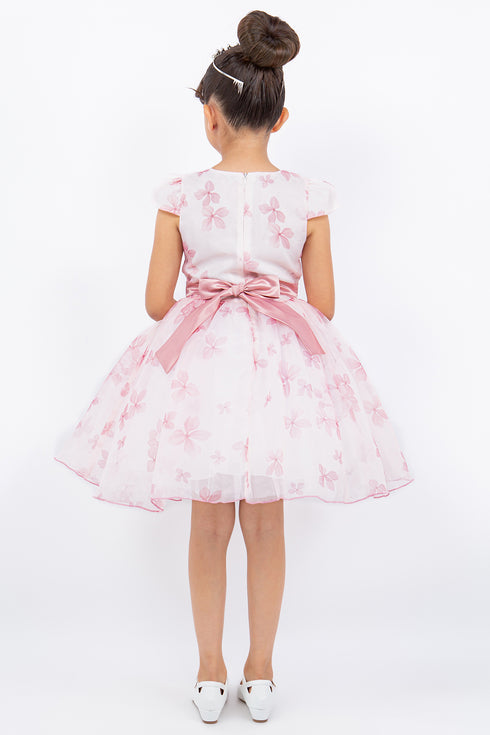 Girls Floral Puff Sleeve Dress with 3D Flower Waistband 2-12