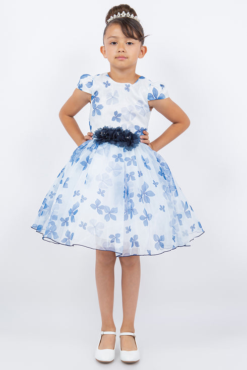 Girls Floral Puff Sleeve Dress with 3D Flower Waistband 2-12