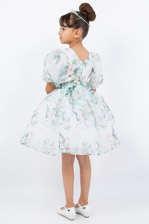 Sage Green Floral Puff Sleeve Dress with Flower Sash 2-12