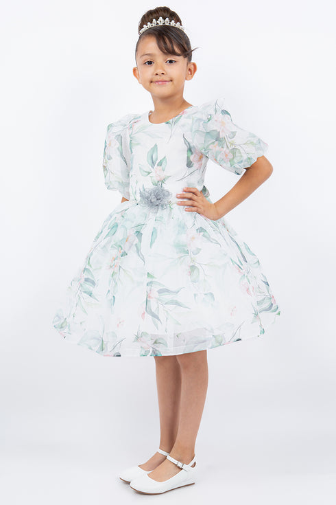 Sage Green Floral Puff Sleeve Dress with Flower Sash 2-12