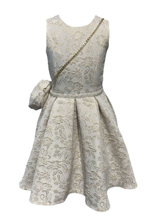 Girls Rhinestone Waist Shoulder Bag Foil Print Jacquard Dress 2-12