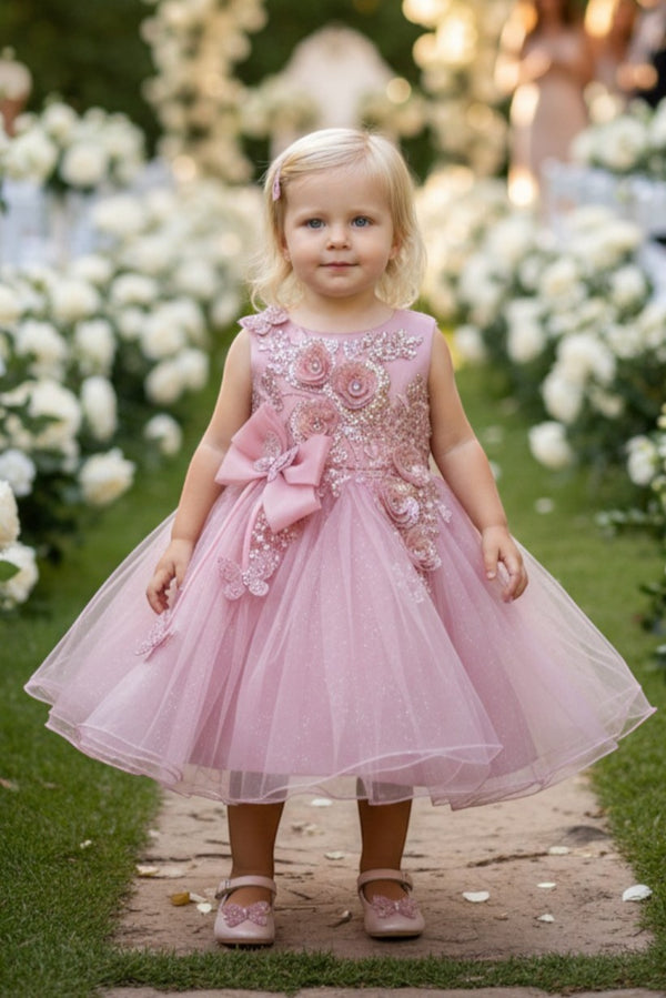 Baby Girls 3D Ribbon Flower Crystal Tulle Flower Girl Dress 3-24M