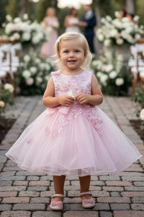Baby Girls 3D Ribbon Flower Crystal Tulle Flower Girl Dress 3-24M