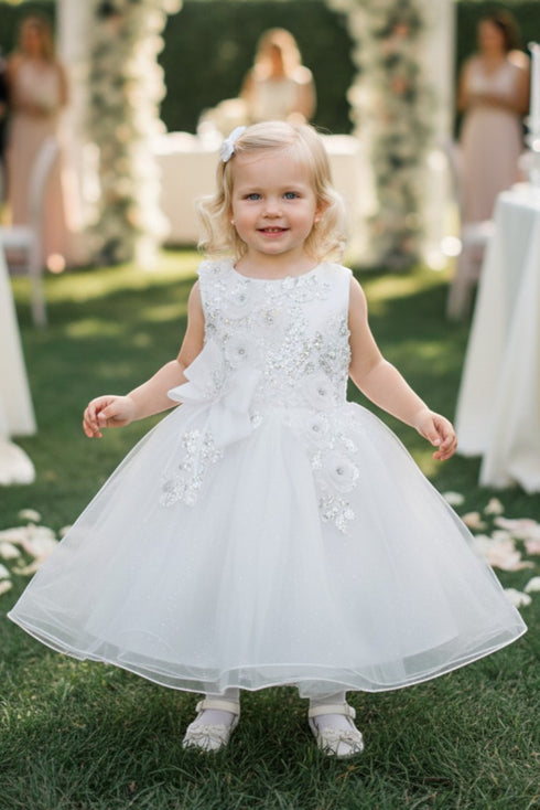 Baby Girls 3D Ribbon Flower Crystal Tulle Flower Girl Dress 3-24M