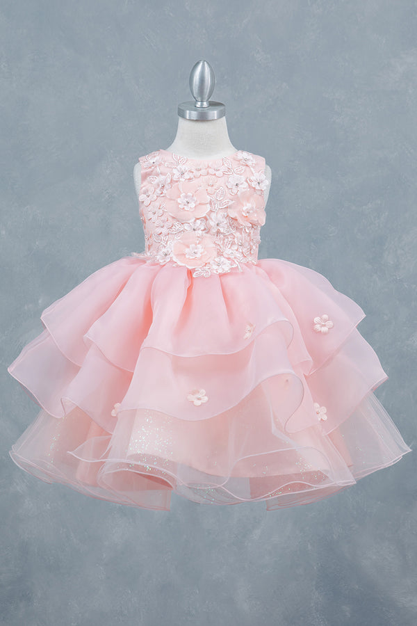 Girls Rhinestone Accent Floral Applique Special Occasion Dress 2-12