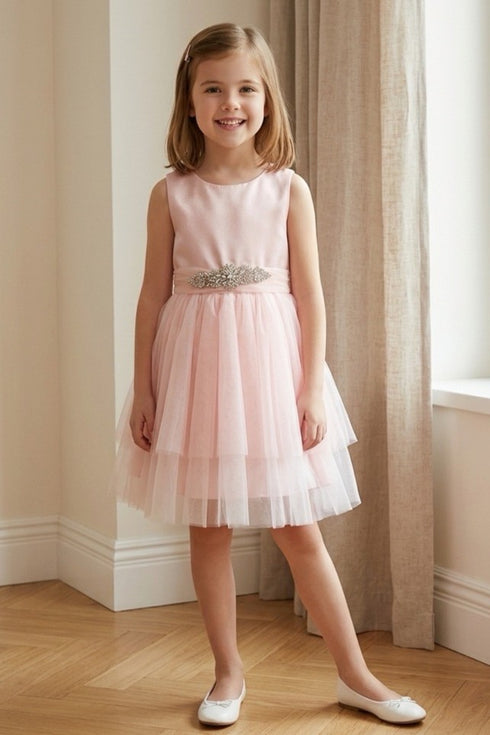 Girls Satin & Tulle Party Dress with Rhinestone Waistband 2-14