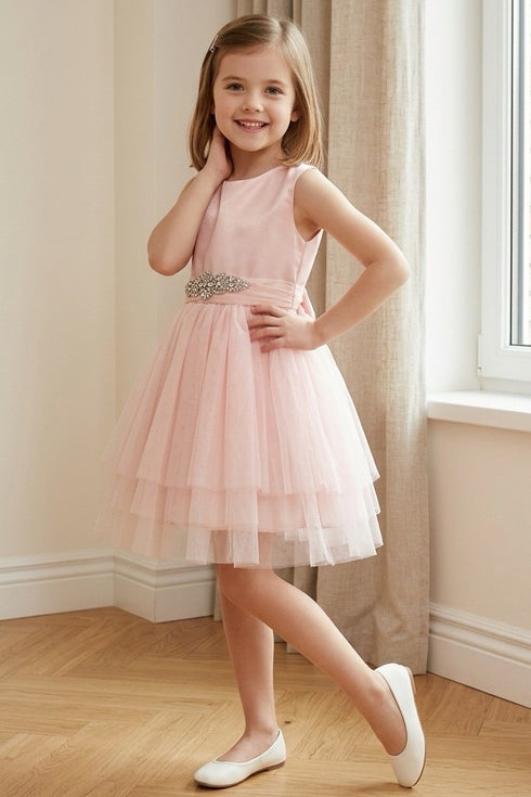 Girls Satin & Tulle Party Dress with Rhinestone Waistband 2-14
