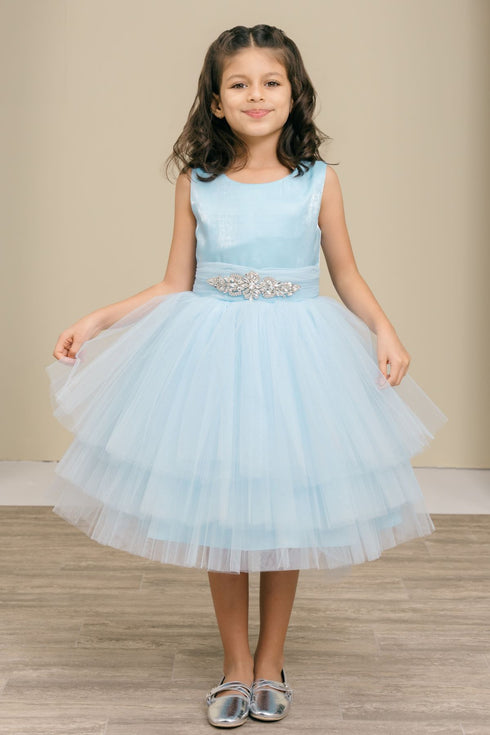 Girls Satin & Tulle Party Dress with Rhinestone Waistband 2-14