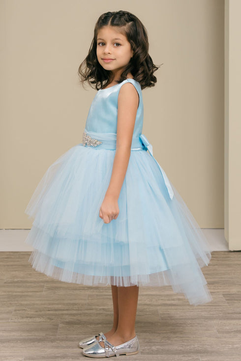 Girls Satin & Tulle Party Dress with Rhinestone Waistband 2-14