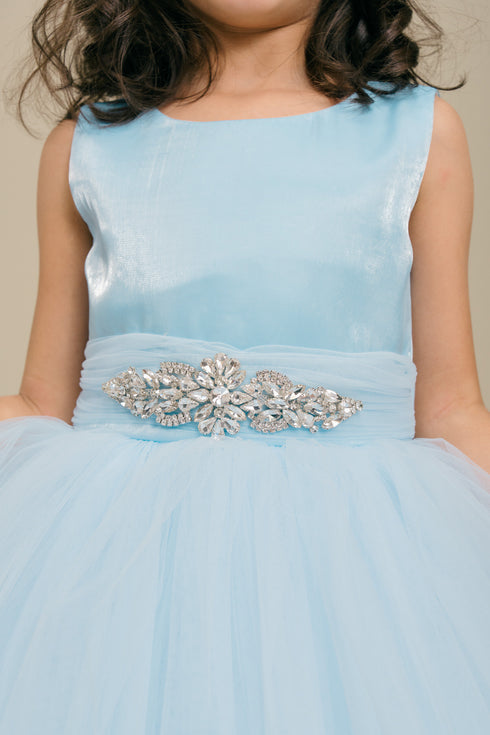 Girls Satin & Tulle Party Dress with Rhinestone Waistband 2-14